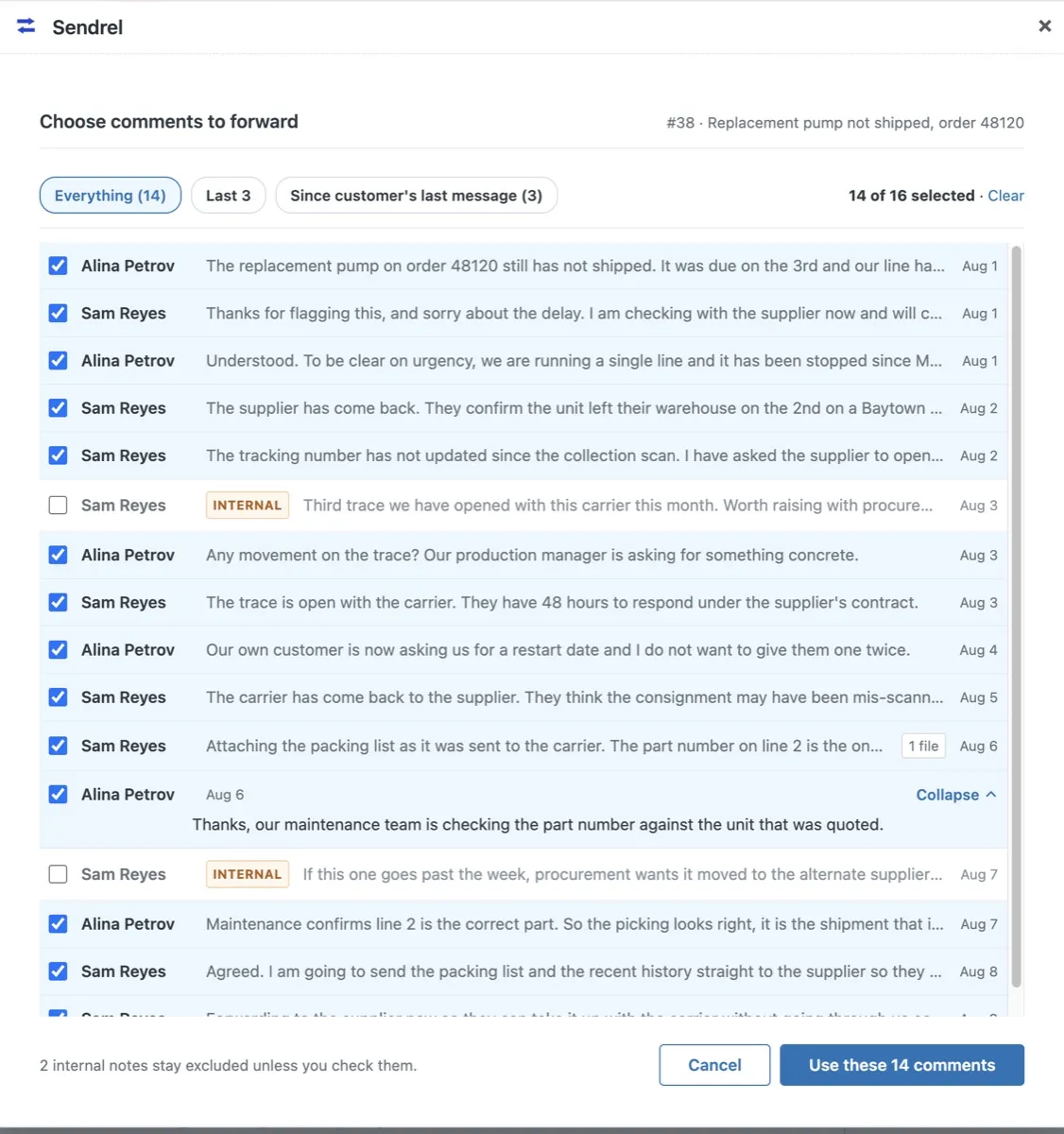 The Sendrel comment picker: a list of a ticket's comments with checkboxes, presets across the top reading Everything, Last 3 and Since customer's last message, and two internal notes left unchecked.