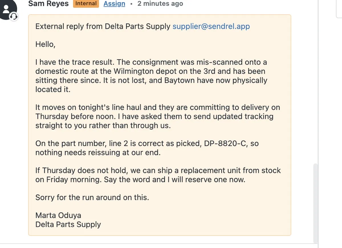 An internal note on a Zendesk ticket reading: External reply from Delta Parts Supply, followed by the supplier's message.
