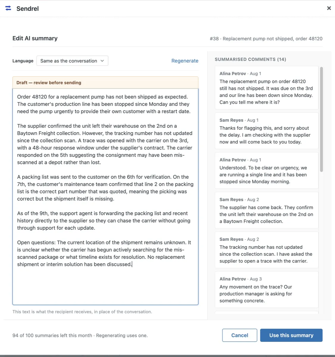The Sendrel summary editor: an editable draft on the left beside the comments it was built from on the right.