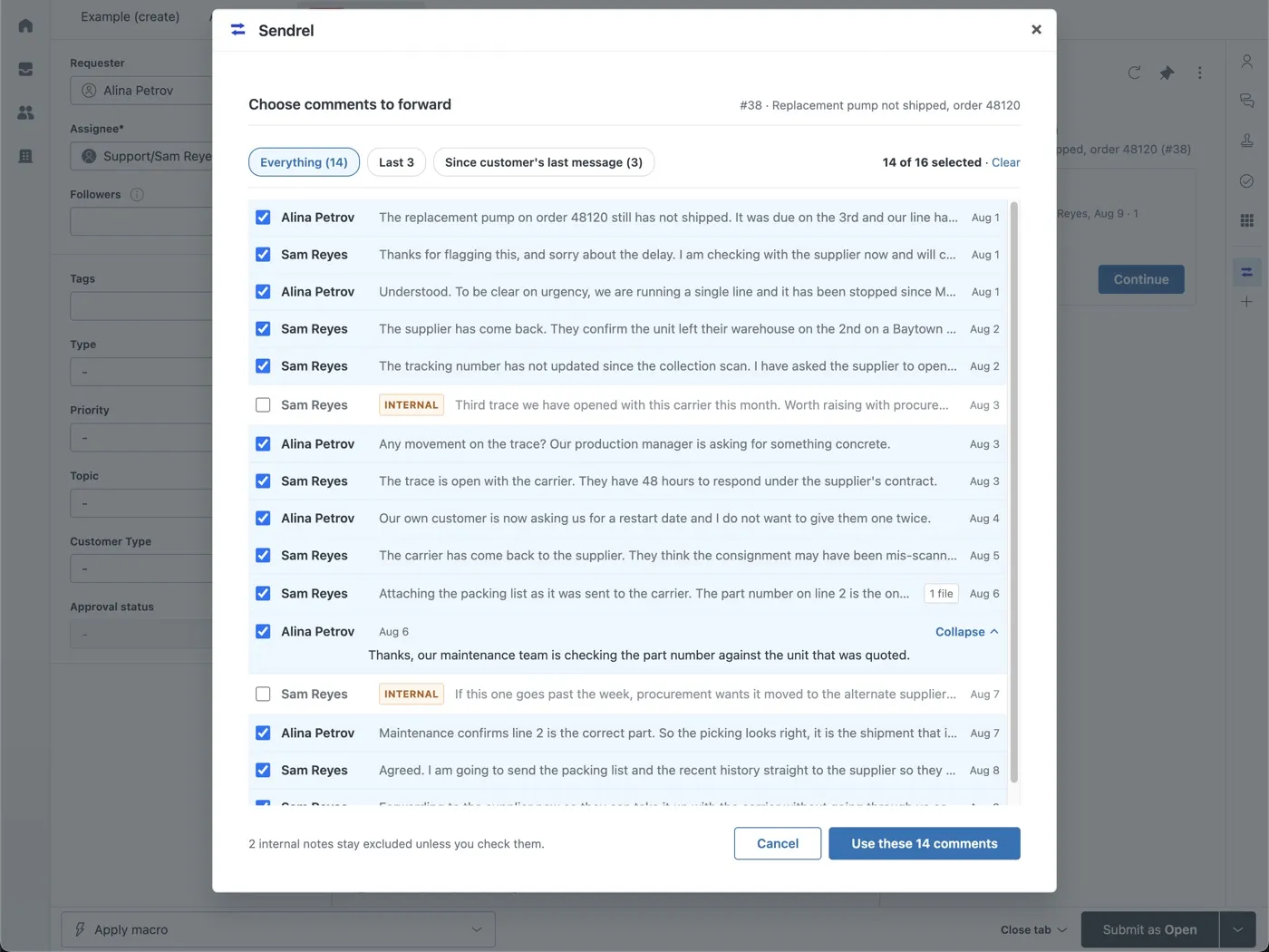 The Sendrel panel open over a Zendesk ticket, showing the ticket's comments with checkboxes. Fourteen of sixteen are selected; the two internal notes are unchecked and marked internal.